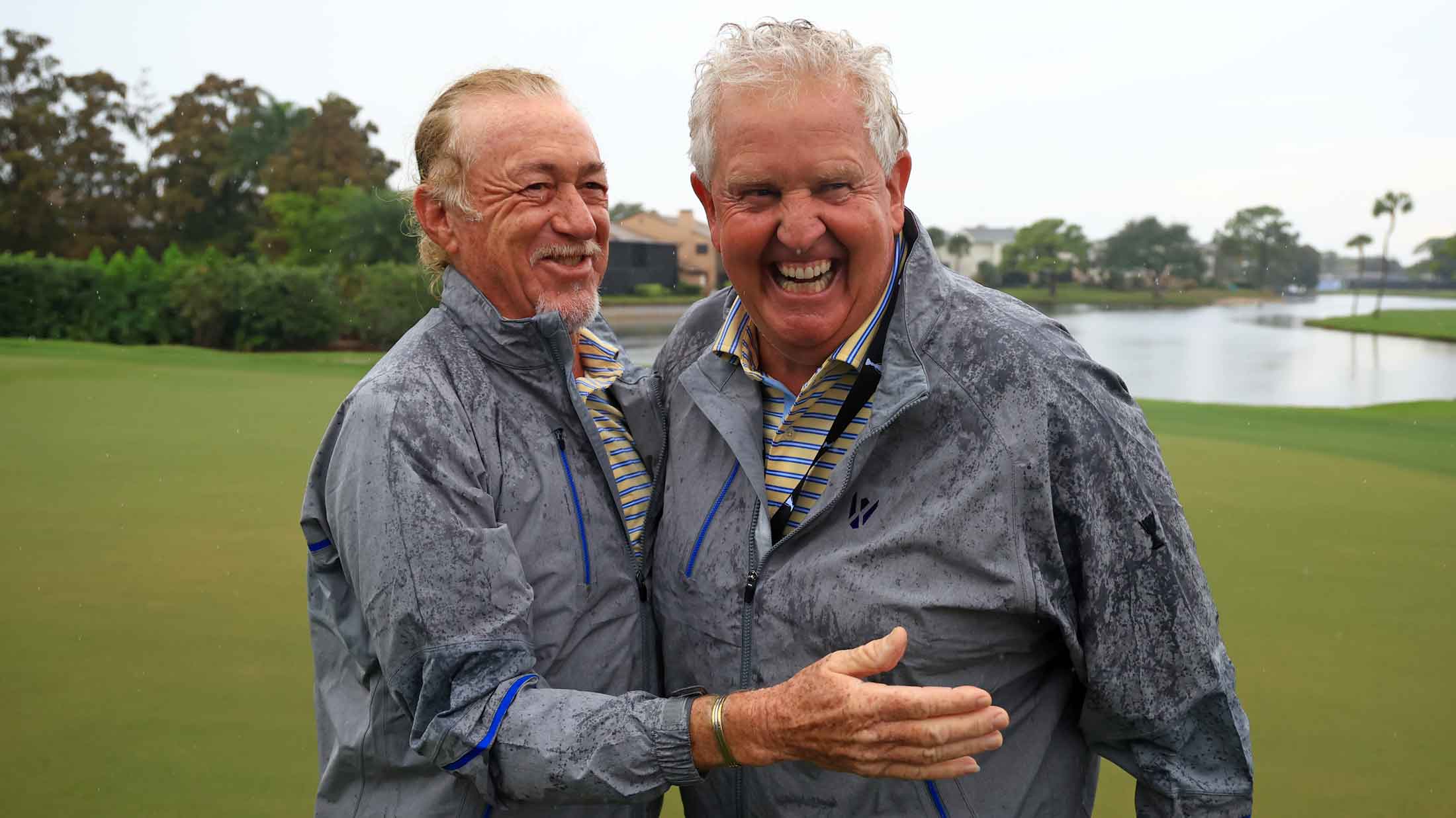 Miguel Angel Jimenez and Colin Montgomerie of Team Europe celebrate winning the Skechers World Champions Cup supporting Shriners Children's 2025 at Feather Sound Country Club