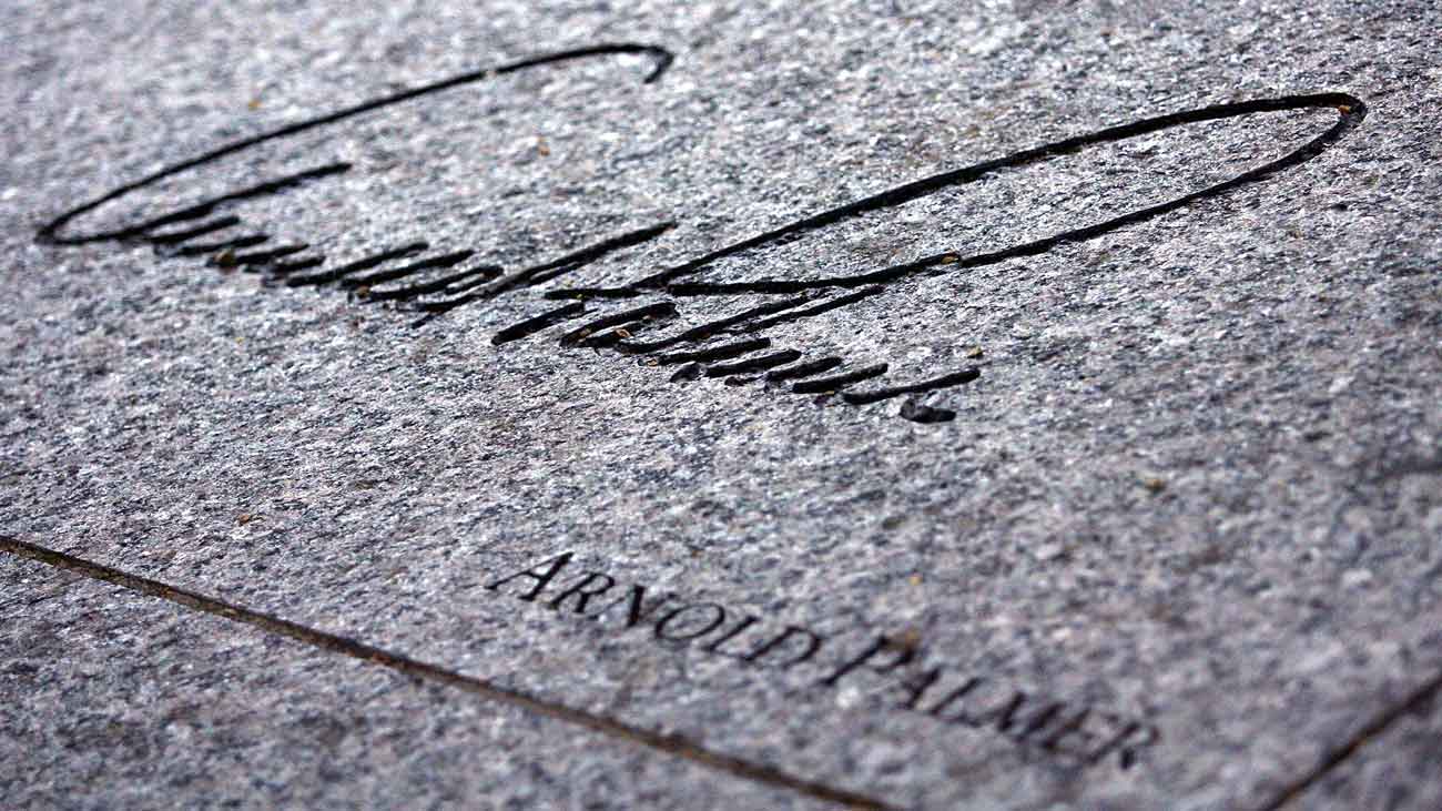 PGA Hall of Fame golfer Arnold Palmer signature in the pavement at the World Golf Hall of Fame induction ceremonys on November 2, 2009 in St Augustine, Florida.